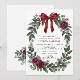 Red Bow Wreath Christmas Engagement Party Invitation
