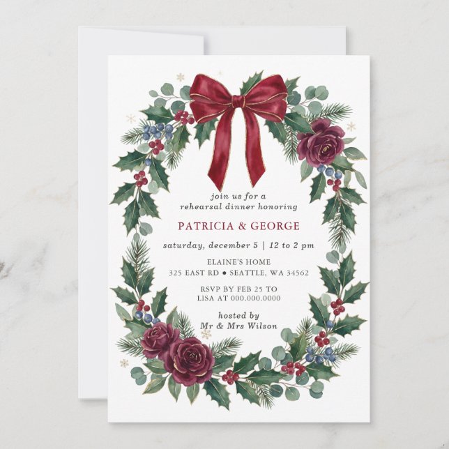 Red Bow Wreath Christmas Rehearsal Dinner Invitation (Front)