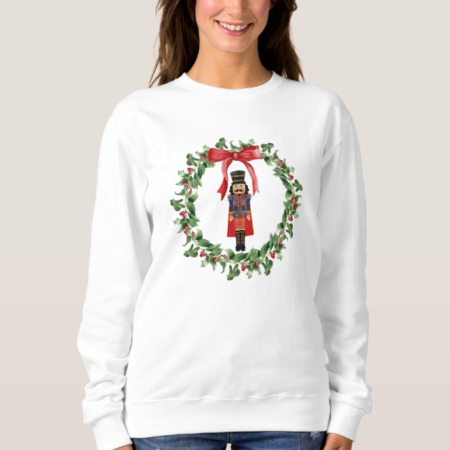 Red Bow Wreath & Nutcracker Christmas Sweatshirt (Front)