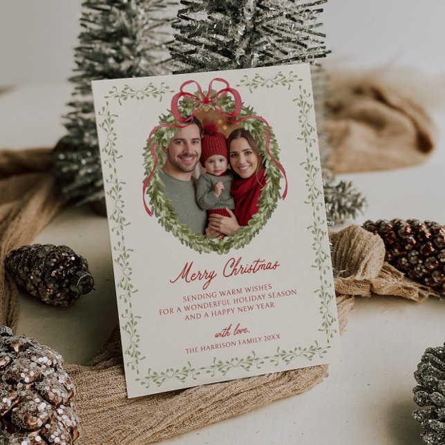 Red Bow Wreath Photo  Holiday Card (Creator Uploaded)