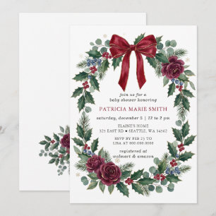 Red Bow Wreath Winter Christmas Baby Shower Invitation