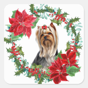 Red Bow Yorkshire Terrier Poinsettia Holly Wreath Square Sticker