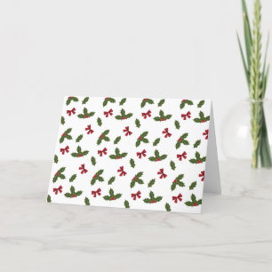 Red Bows And Christmas Holly Plants Pattern & Text Holiday Card