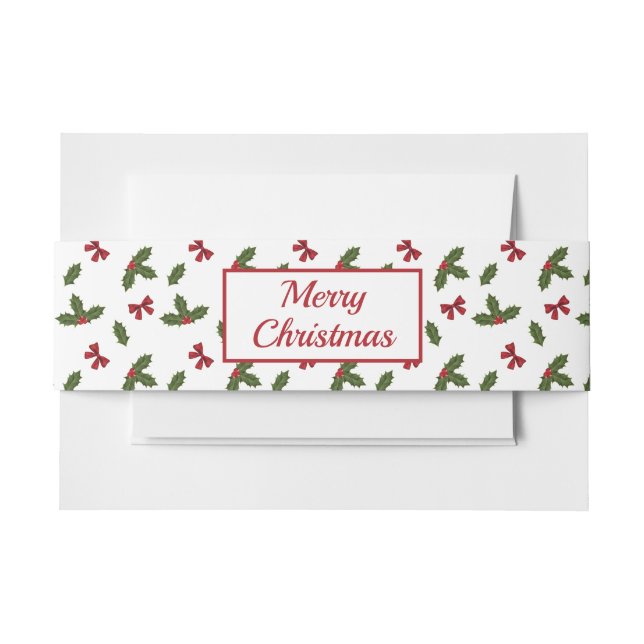 Red Bows And Christmas Holly Plants Pattern & Text Invitation Belly Band (Front Example)