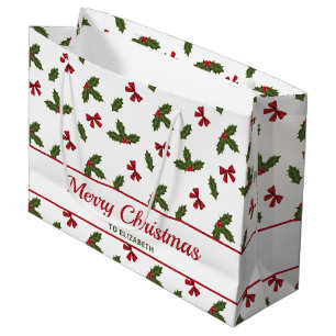 Red Bows And Christmas Holly Plants Pattern & Text Large Gift Bag
