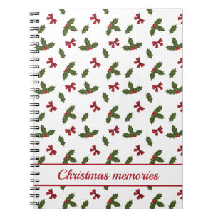Red Bows And Christmas Holly Plants Pattern & Text Notebook