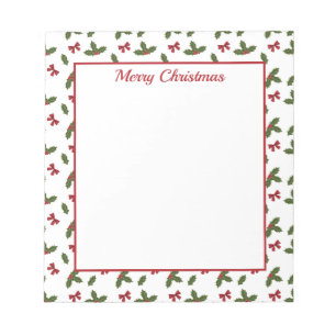 Red Bows And Christmas Holly Plants Pattern & Text Notepad