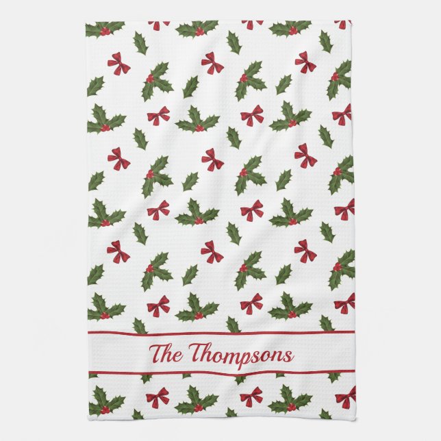 Red Bows And Christmas Holly Plants Pattern & Text Tea Towel (Vertical)