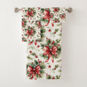 Red Bows and Holly Leaves Bath Towel Set