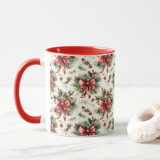 Red Bows and Holly Leaves Mug (With Donut)