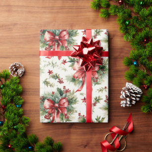 Red Bows and Holly Leaves Wrapping Paper