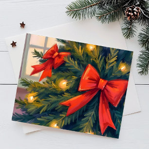 Red Bows Christmas Tree Watercolor Holiday Card
