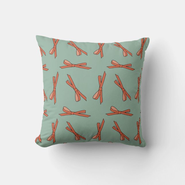 Red bows green background pattern Throw Pillow (Front)