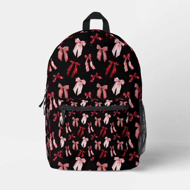 Red bows on black background  printed backpack (Front)