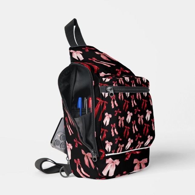 Red bows on black background  sling bag (Open)