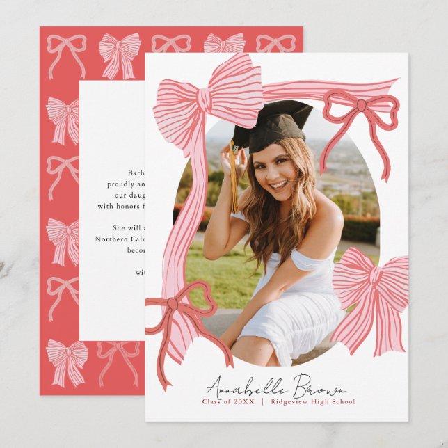 Red Bows Photo Message Graduation Announcement (Front/Back)