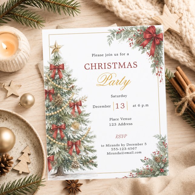 Red bows tree Christmas Party invitation (Creator Uploaded)