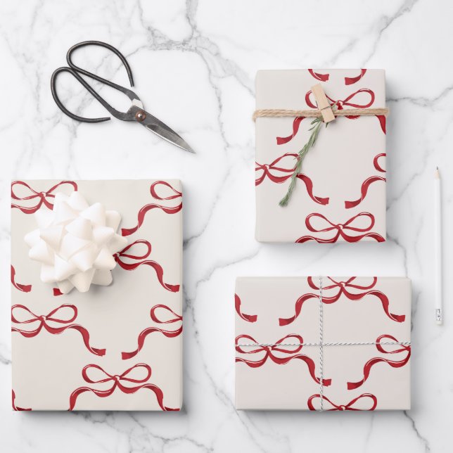 Red Bows Trendy Christmas  Wrapping Paper Sheet (Front)