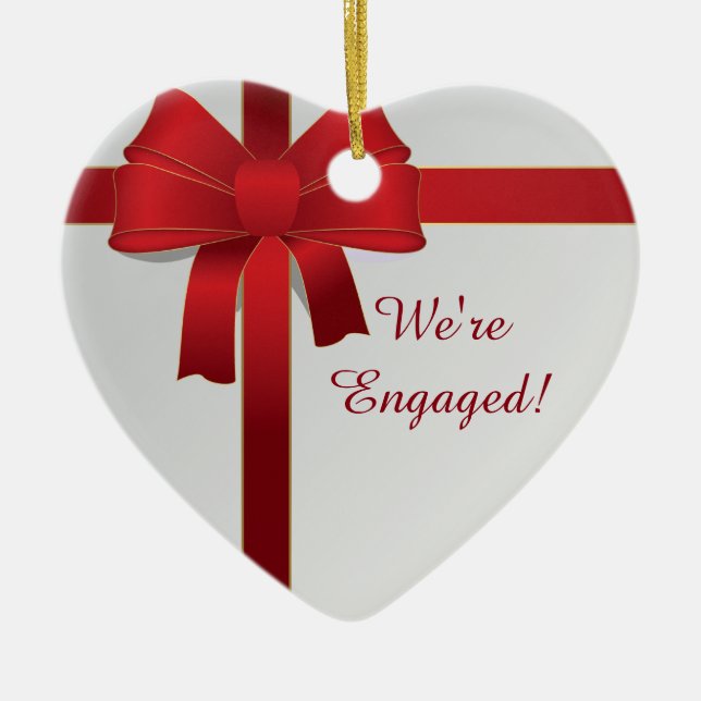 Red Bows Winter We're Engaged Ceramic Tree Decoration (Front)