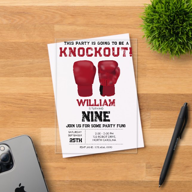 Red Boxing Gloves Kids Birthday Party Knockout Acrylic Invitations (Insitu (Invitation Card))