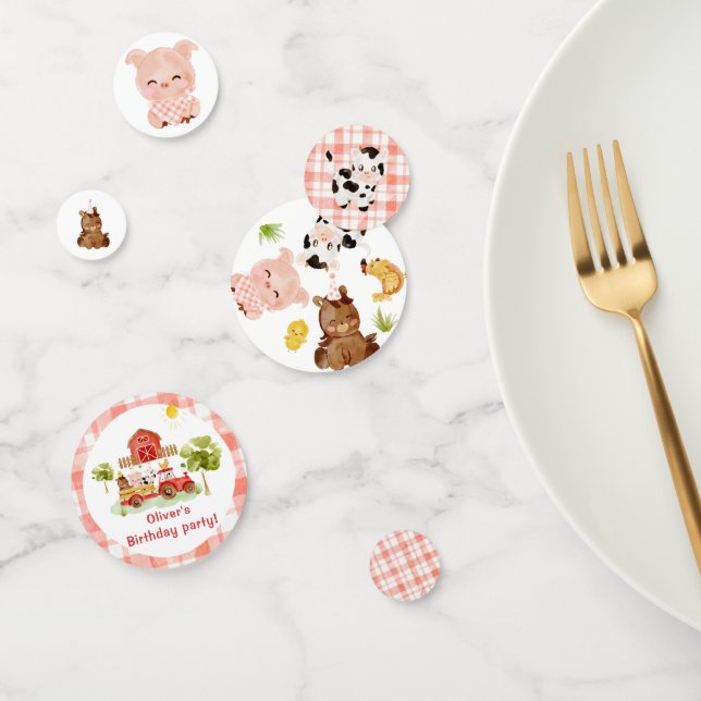 Red boy barnyard farm animals birthday confetti (Group)