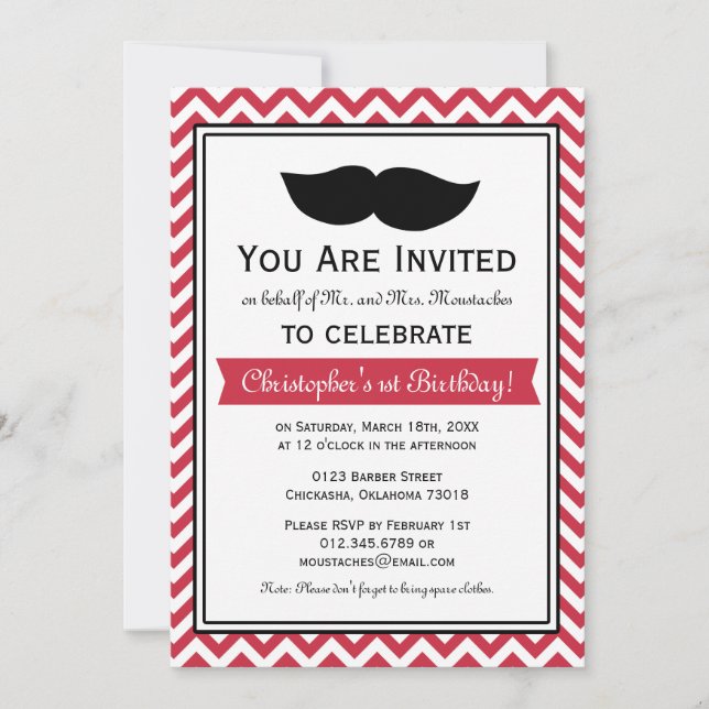 Red Boy Moustache Chevron Birthday Party Invitation (Front)
