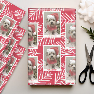 Red Branches Merry Calligraphy Photo white type Wrapping Paper Sheet