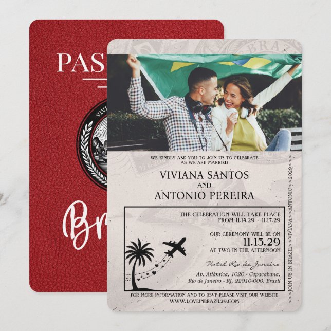 Red Brazil Passport Wedding Invitation (Front/Back)