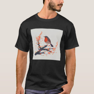 Red Breast Robin Bird on Cherry Blossom tree branc T-Shirt
