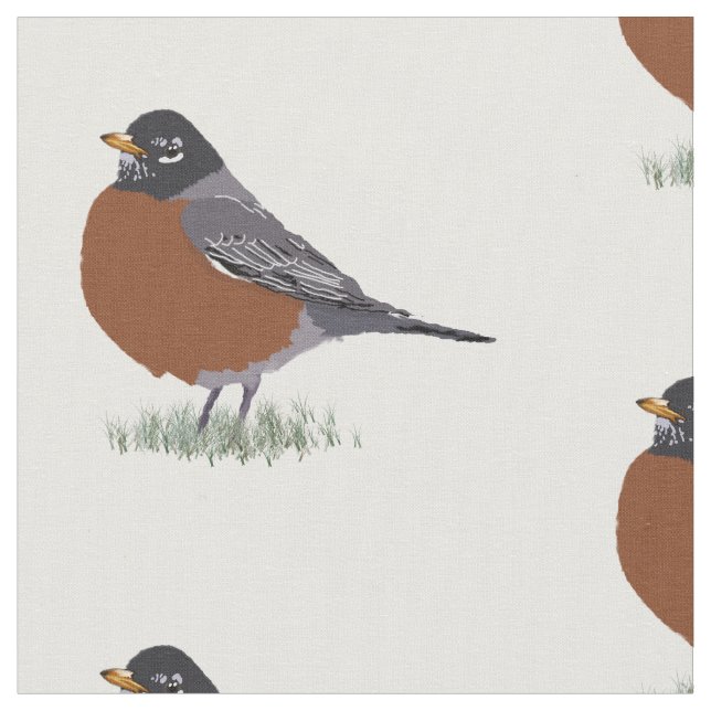 Red Breasted American Robin Digitally Drawn Bird Fabric (Close Up)