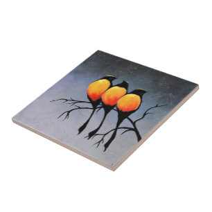 Red-breasted Black Birds Ceramic Tile - Painting