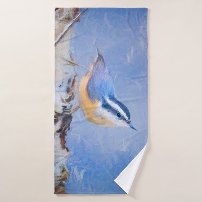 Red-Breasted Nuthatch Painting Original Bird Art Bath Towel Set (Bath Towel)