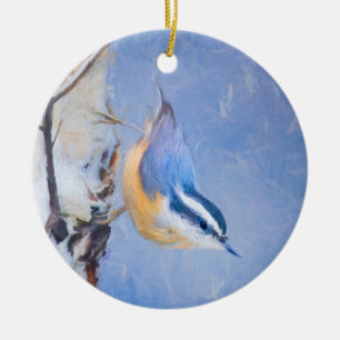 Red-Breasted Nuthatch Painting Original Bird Art Ceramic Tree Decoration