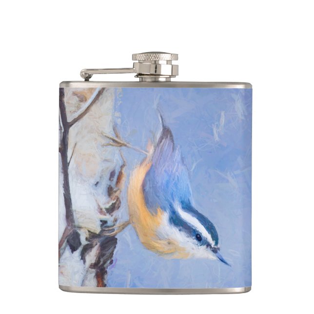 Red-Breasted Nuthatch Painting Original Bird Art Hip Flask (Front)