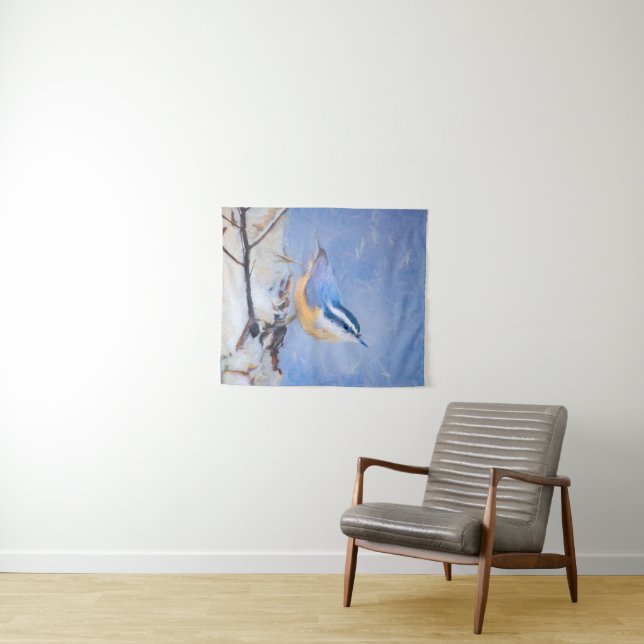 Red-Breasted Nuthatch Painting Original Bird Art Tapestry (In Situ (Horizontal))