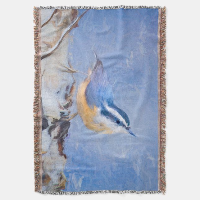 Red-Breasted Nuthatch Painting Original Bird Art Throw Blanket (Front Vertical)