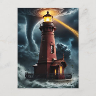 Red brick lighthouse in tornado postcard