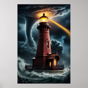 Red brick lighthouse in tornado poster