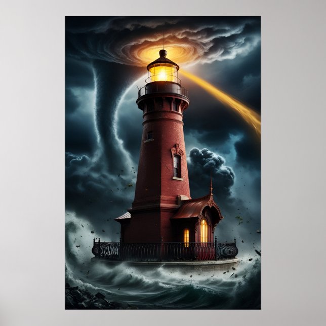 Red brick lighthouse in tornado poster (Front)