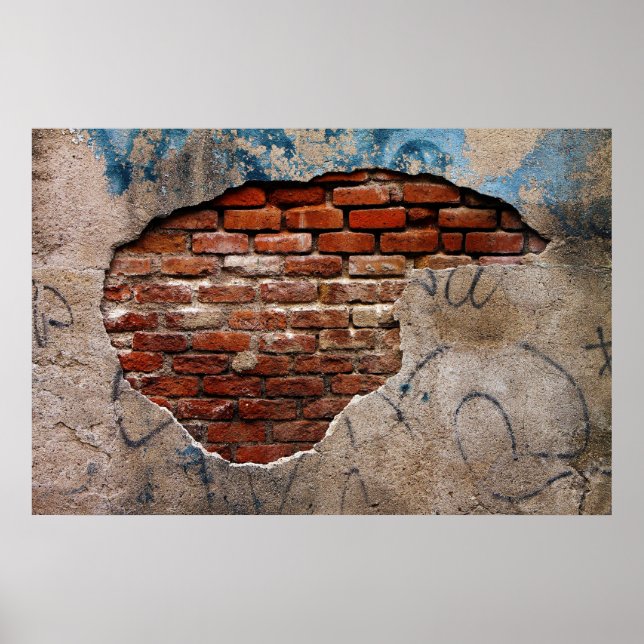 Red Brick Under Graffiti Laced Cement Wall Poster (Front)