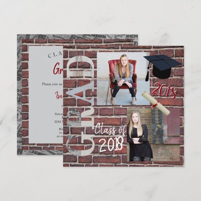 Red Brick Wall Photo  - Graduation Invitation (Front/Back)