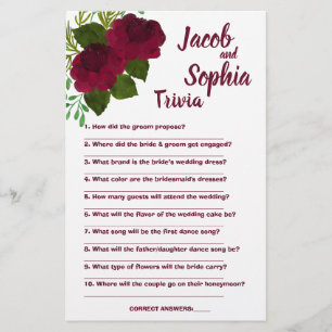 RED BRIDE & GROOM TRIVIA SHOWER GAME CARD