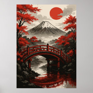 Red Bridge and Mount Fuji Japanese Landscape  Poster