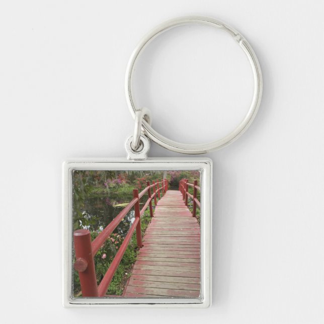 Red bridge over pond, Magnolia Plantation, Key Ring (Front)