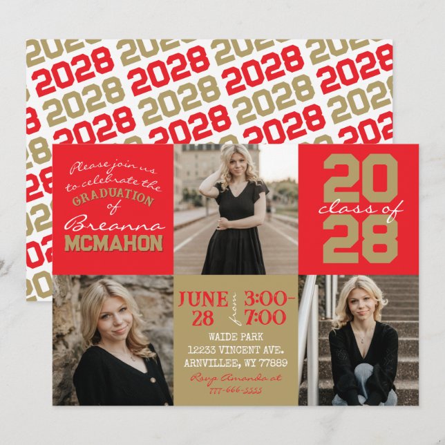 Red & Bronze Gold 3 Photo Graduation Invitation (Front/Back)
