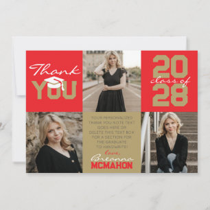 Red & Bronze Gold 3 Photo Graduation Thank You Invitation