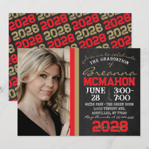 Red & Bronze Gold Chalkboard Graduation Photo Invitation