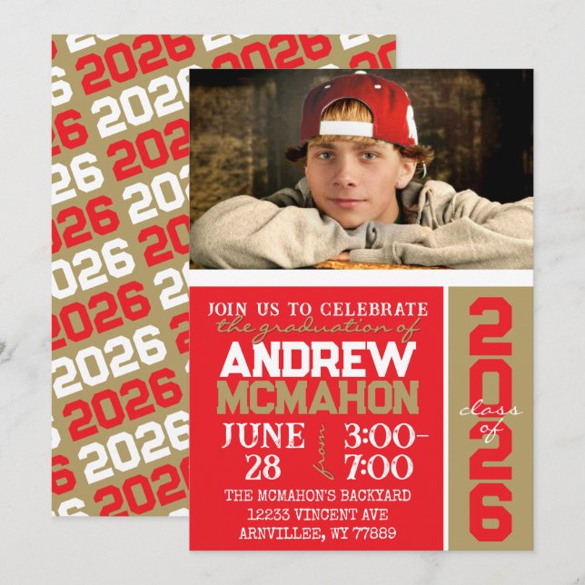 Red & Bronze Gold Graduation Photo Invitation (Front/Back)