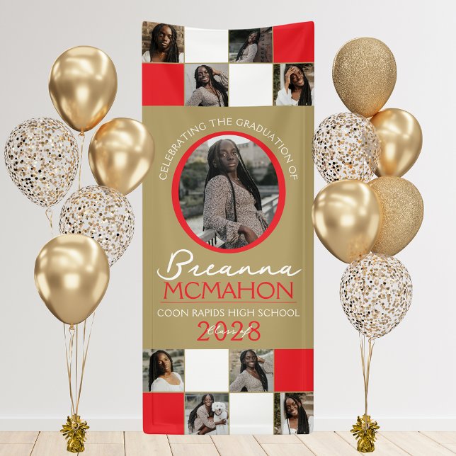 Red & Bronze Gold Photo Collage Graduation Vinyl Banner (9 Photo Graduation Hanging Vinyl Banner in Red and Bronze Gold)
