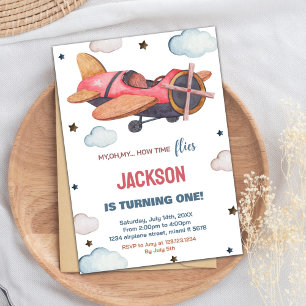 Red Brown Aeroplane Birthday Invitations